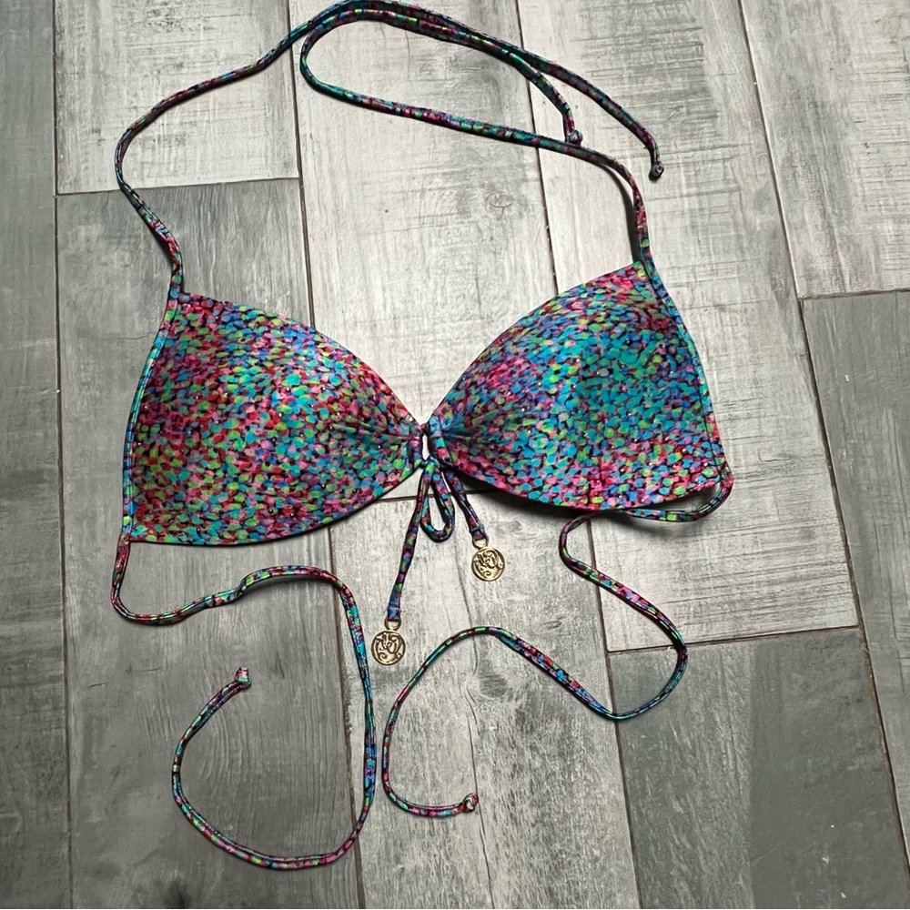 Crystallized LULI FAMA Aqua Pink String Lifting Lined triangle Bikini Top M